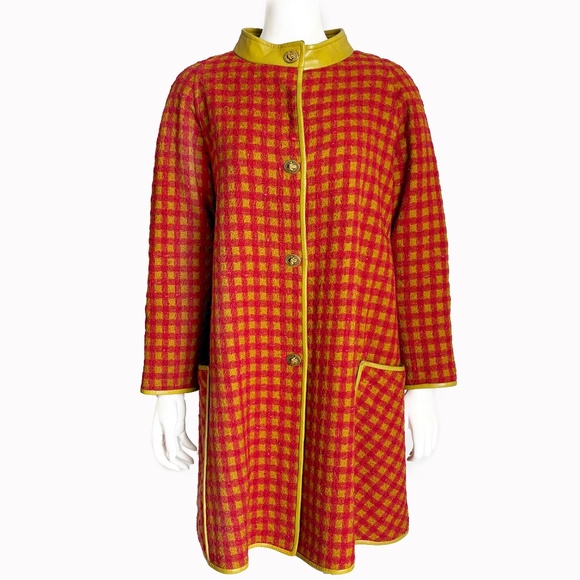Bonnie Cashin for Sills Coat Large Pocket Pink Check Wool Lime Leather Trim 60s - Picture 8 of 14